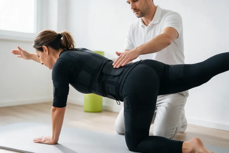 A physiotherapist guiding a woman in an EMS suit through a core exercise on a mat