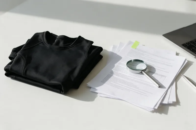 A folded EMS suit next to a technical document and a magnifying glass on a white desk