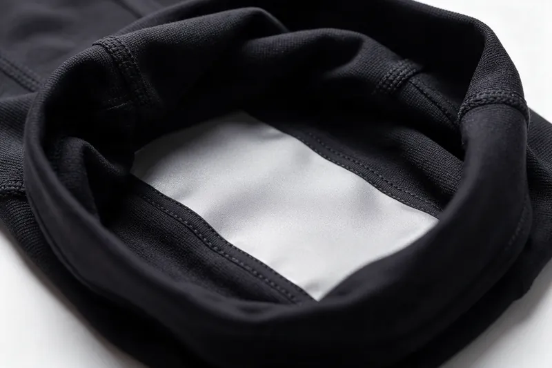 Close-up of a flat silver textile electrode sewn into the inside of a black EMS suit