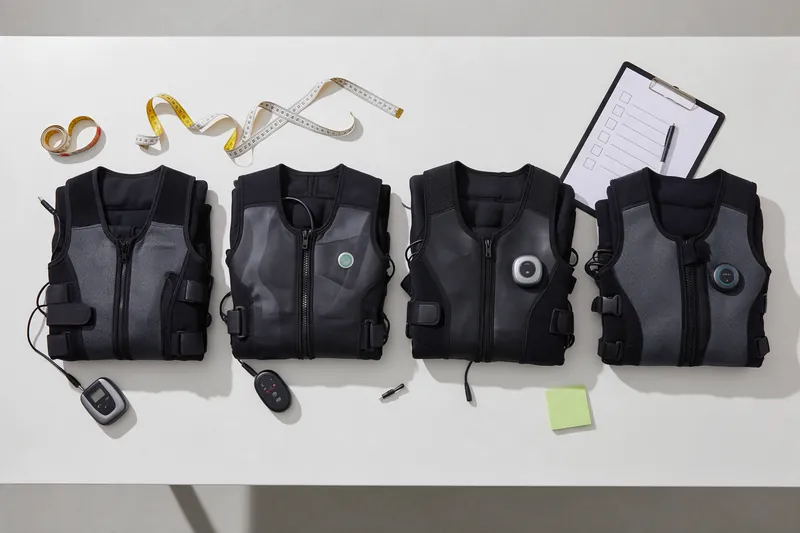 Four different EMS suits and control units laid out for comparison next to a checklist