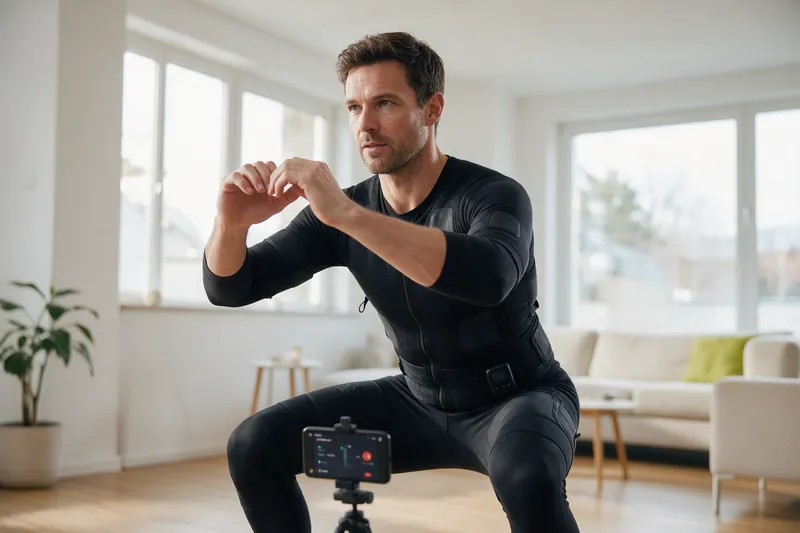 A man doing squats at home in an EMS suit while following a workout on his phone