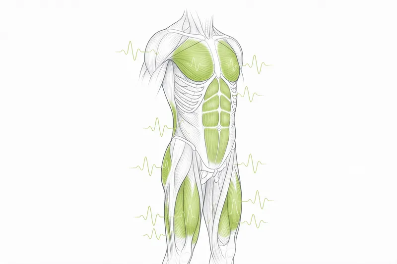 Line drawing of a human body with the major muscle groups highlighted and pulse waveforms reaching each muscle