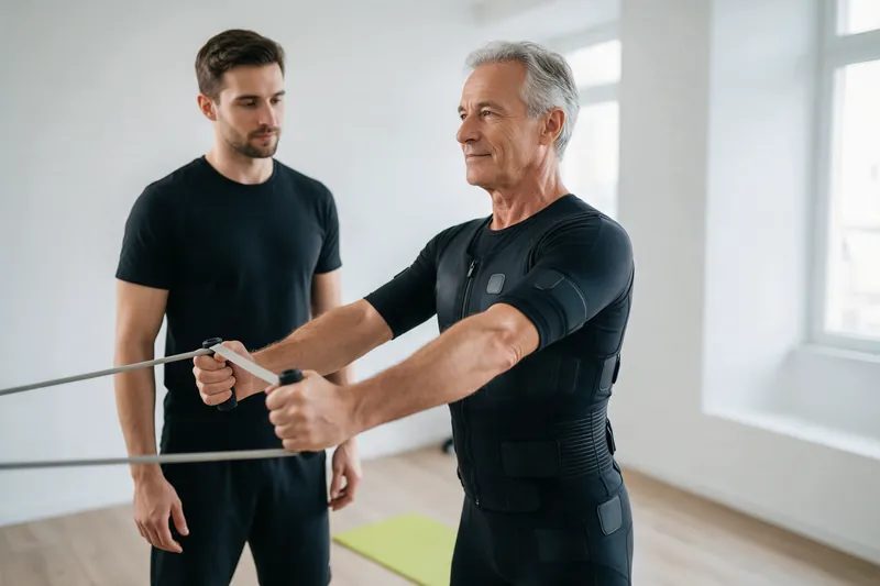 An older man training in an EMS suit with a resistance band while a trainer watches
