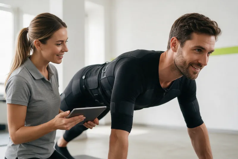 A trainer with a tablet coaching a client who is doing a plank in an EMS suit